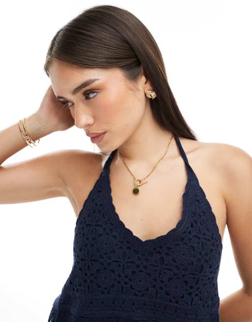 Hollister crochet halterneck top in navy blue, 3 of 4