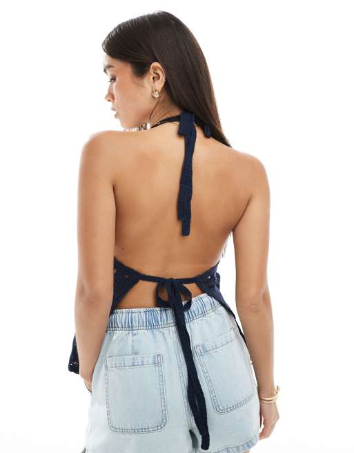 Hollister crochet halterneck top in navy blue ASOS