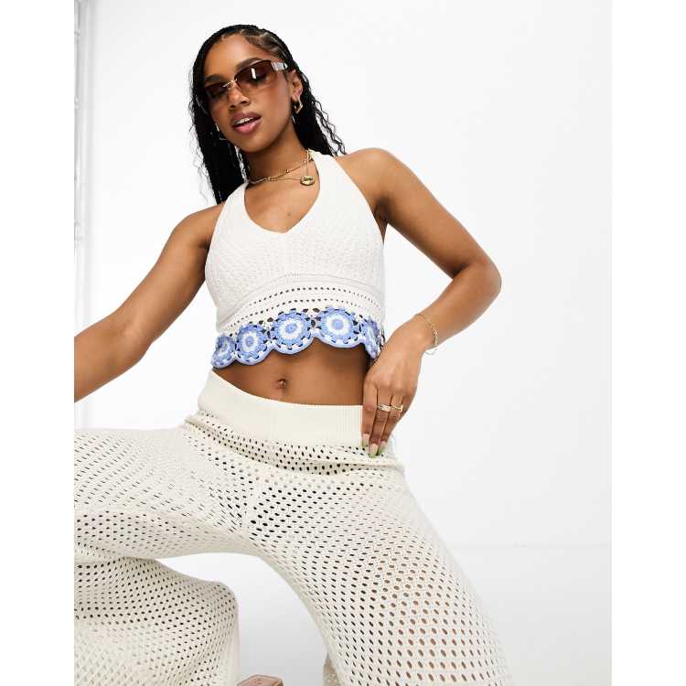 Hollister crochet halterneck top with floral print in white ASOS