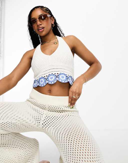 Hollister crochet halterneck top with floral print in white