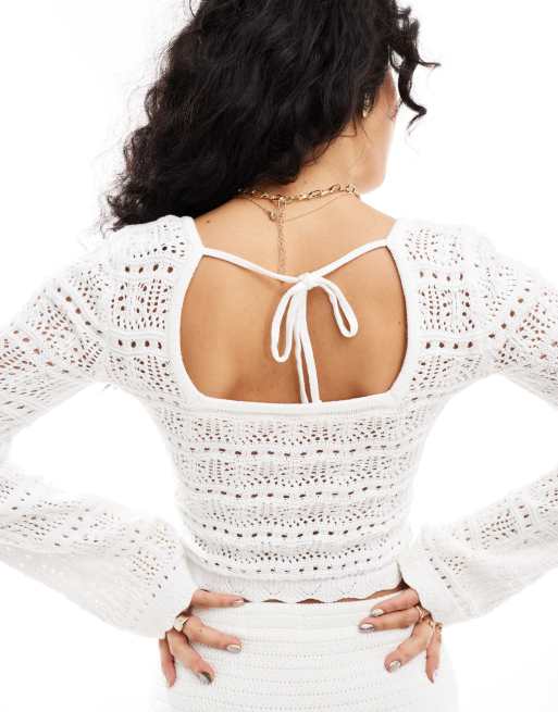 Hollister crochet long sleeve top with square neck in white, 3 of 4