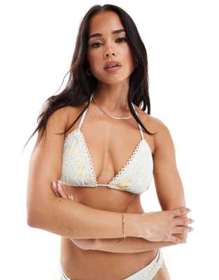 Hollister crochet & print mix string bikini top co-ord in yellow floral print