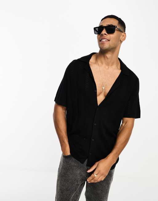 Hollister crochet stitch button thru knit polo in black