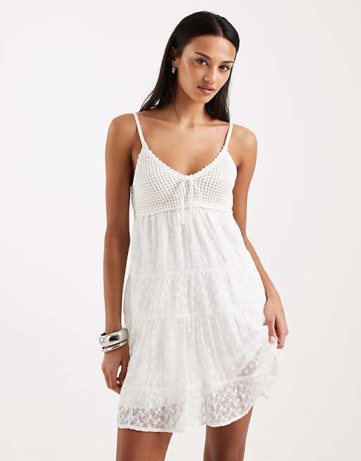 hollister white dresses Women's Button Front Mini Dress in Light Pink Stripe Size M PETITE from neck design with frill trim Hollister M white lace crochet