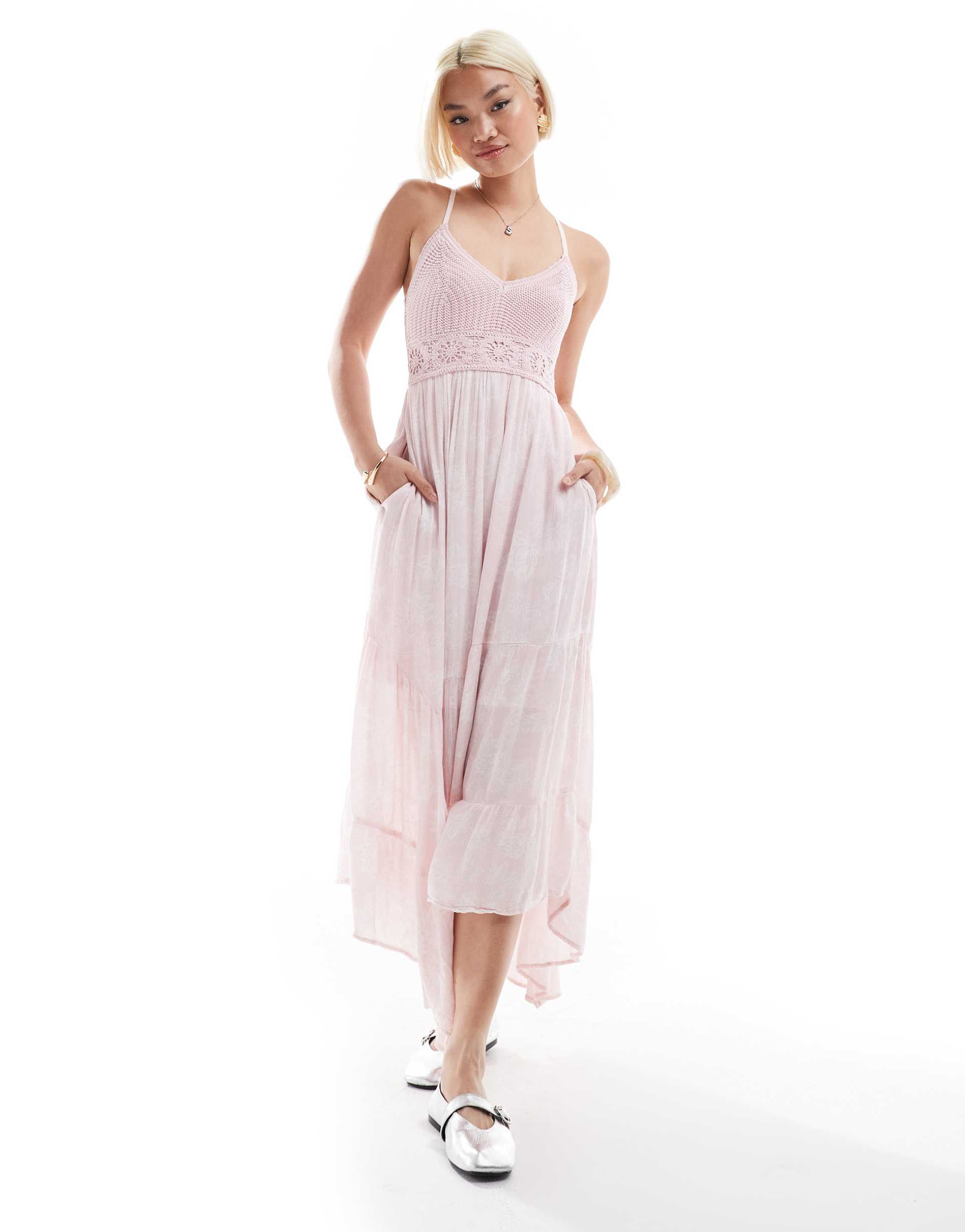 hollister crochet & woven mix maxi dress with handkerchief hem in pink swirl print