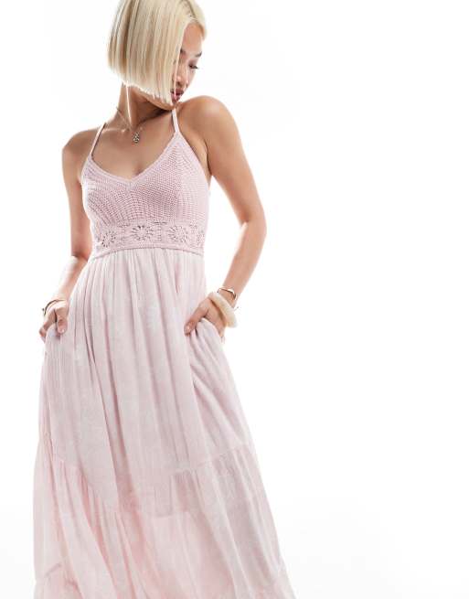 Hollister crochet & woven mix maxi dress with handkerchief hem in pink  swirl print | ASOS