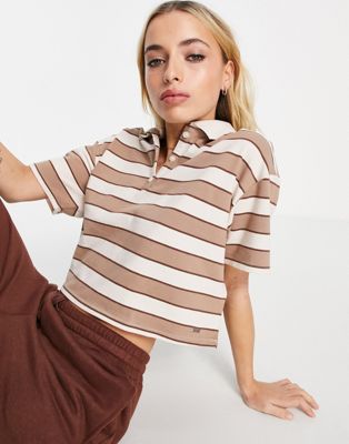Hollister crop polo shirt in brown stripe