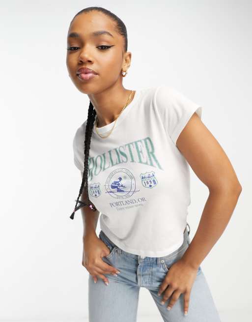Hollister - Crop top à manches courtes et logo - Blanc 