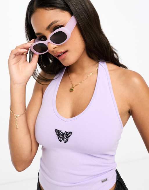 Hollister Crop top met halternek en geborduurde vlinder in lila ASOS