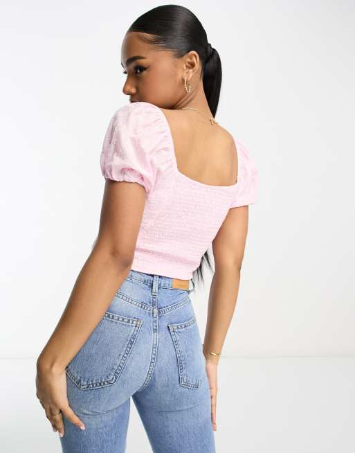 Hollister crop top with puff sleeves in pink