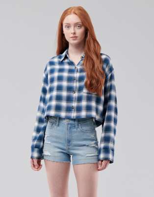 Hollister cropped button down shirt in blue plaid