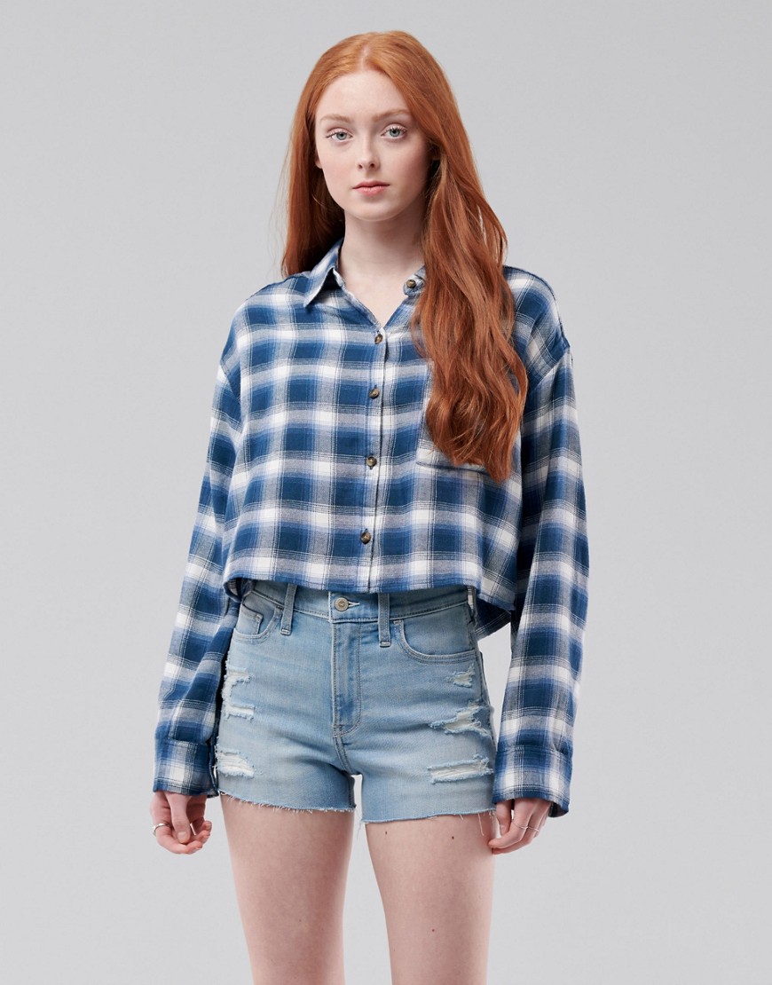 Hollister cropped button down shirt in blue plaid-Blues