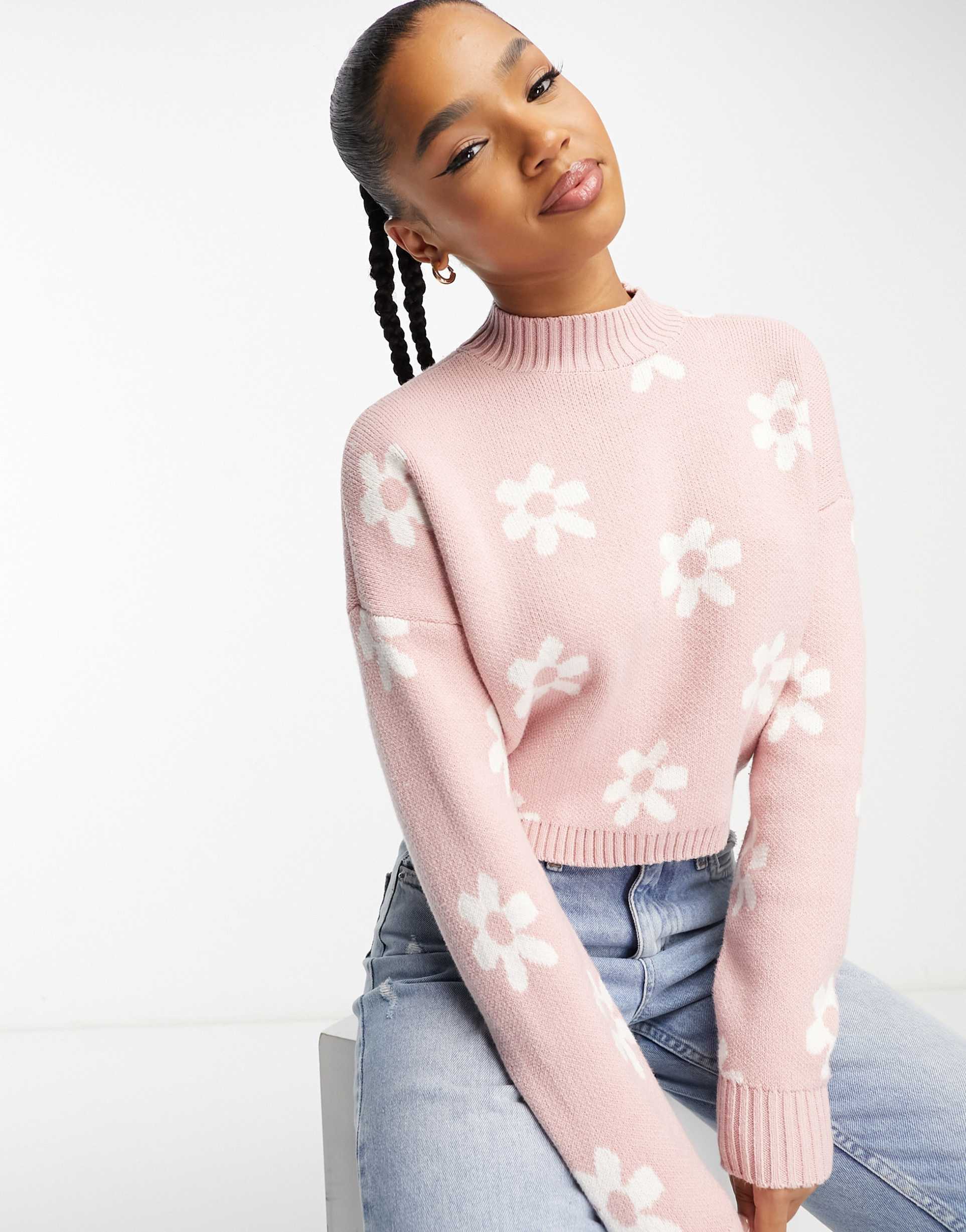 Hollister cropped cable knit jumper in pink floral view 2