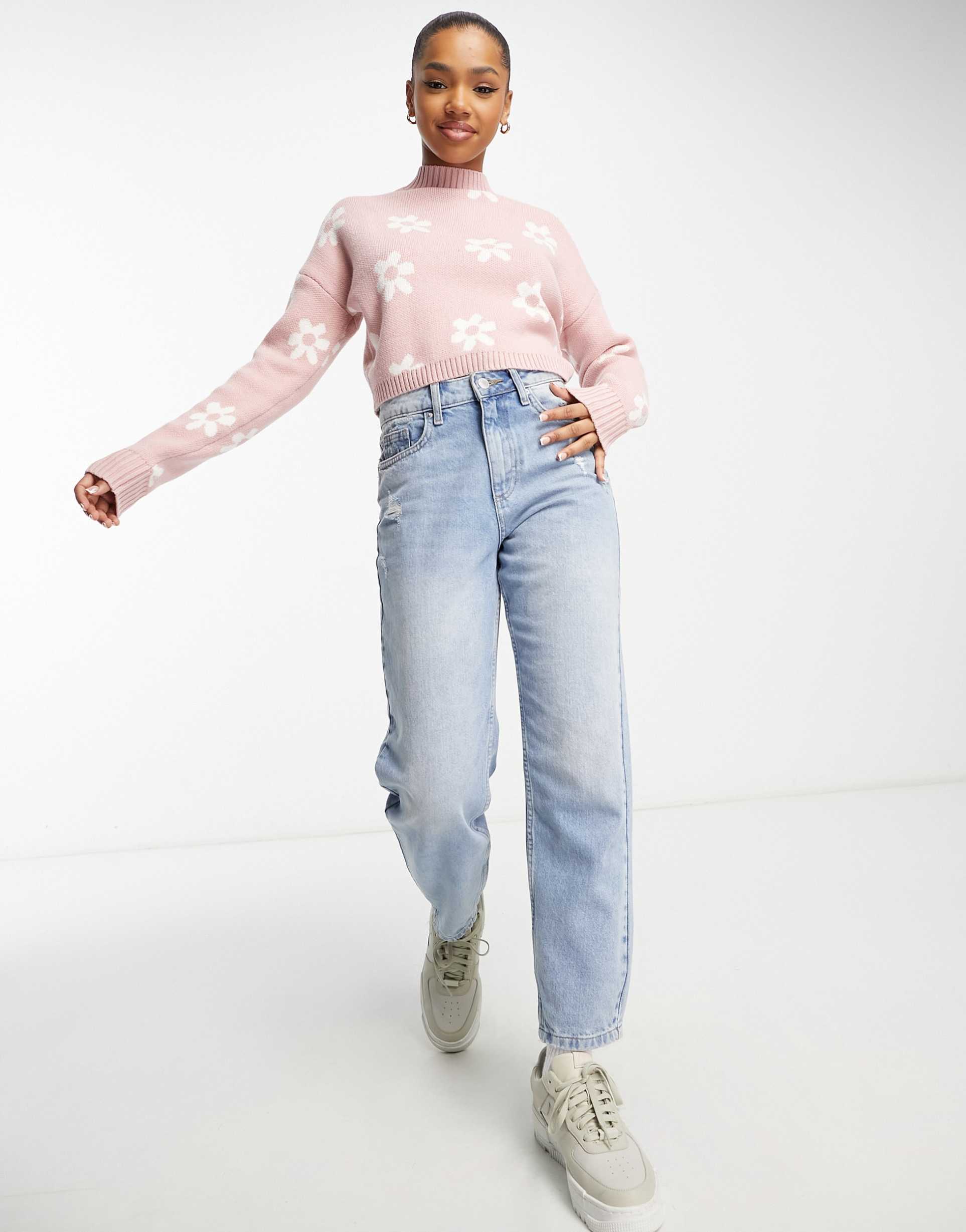 Hollister cropped cable knit jumper in pink floral