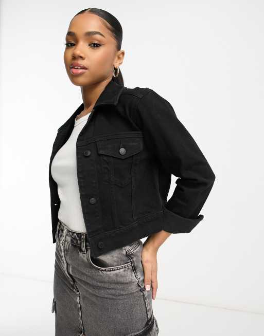 Hollister cropped denim jacket in black | ASOS