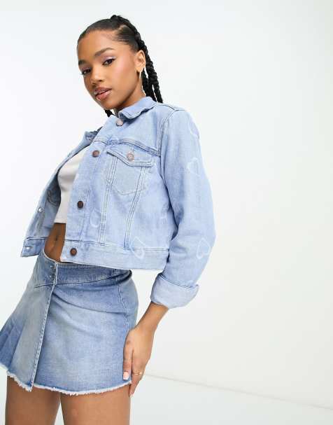 Hollister cropped denim jacket in mid wash blue