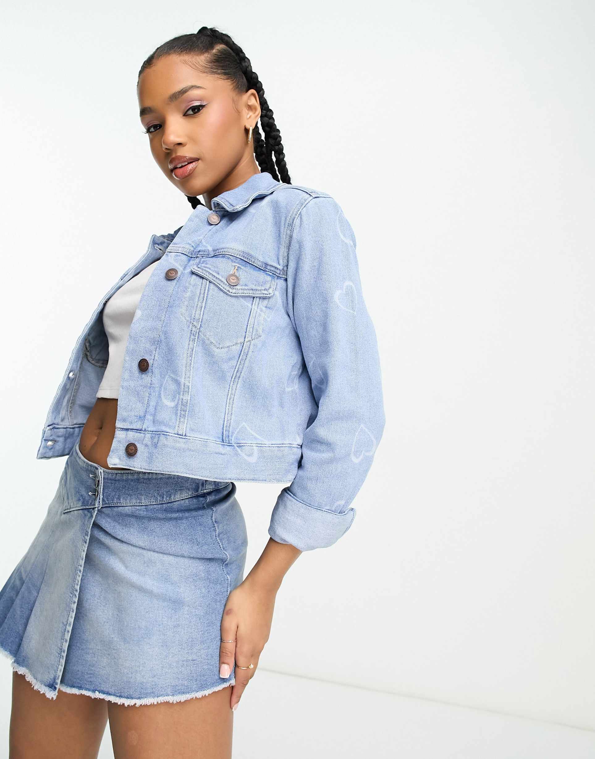 Hollister cropped denim jacket in mid wash blue view 2