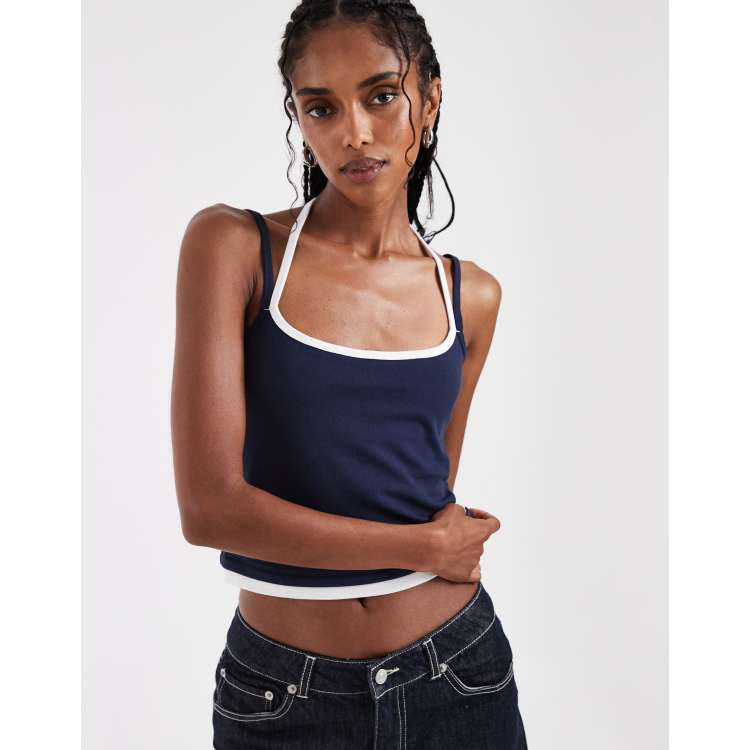 Hollister cropped double strap cami top in navy | ASOS