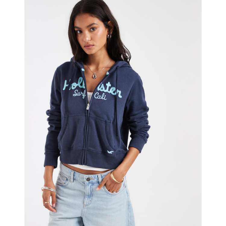 Hollister cropped heritage logo zip up hoodie in navy | ASOS