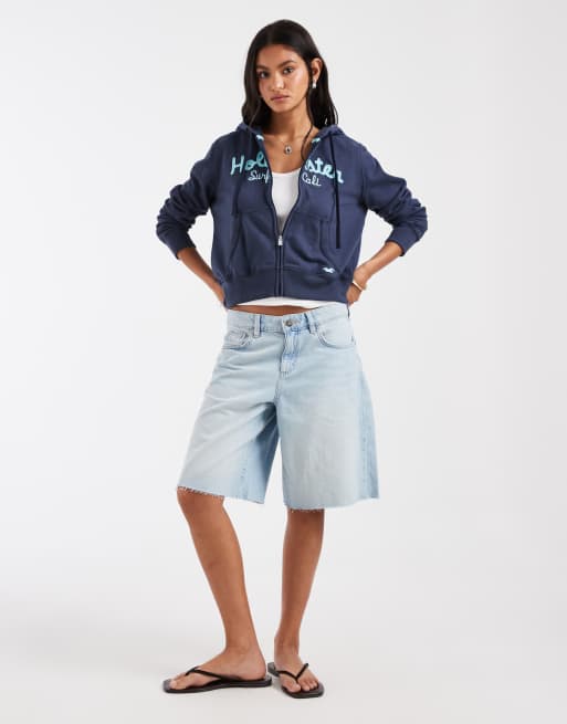 Hollister cropped heritage logo zip up hoodie in navy | ASOS