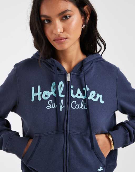 Hollister cropped heritage logo zip up hoodie in navy | ASOS