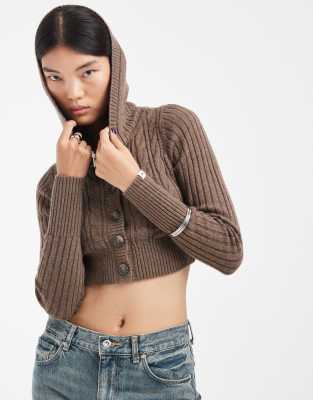 Hollister Cropped Knit Cardigan With Hood In Brown