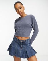 Stradivarius cable knitted super cropped sweater in gray
