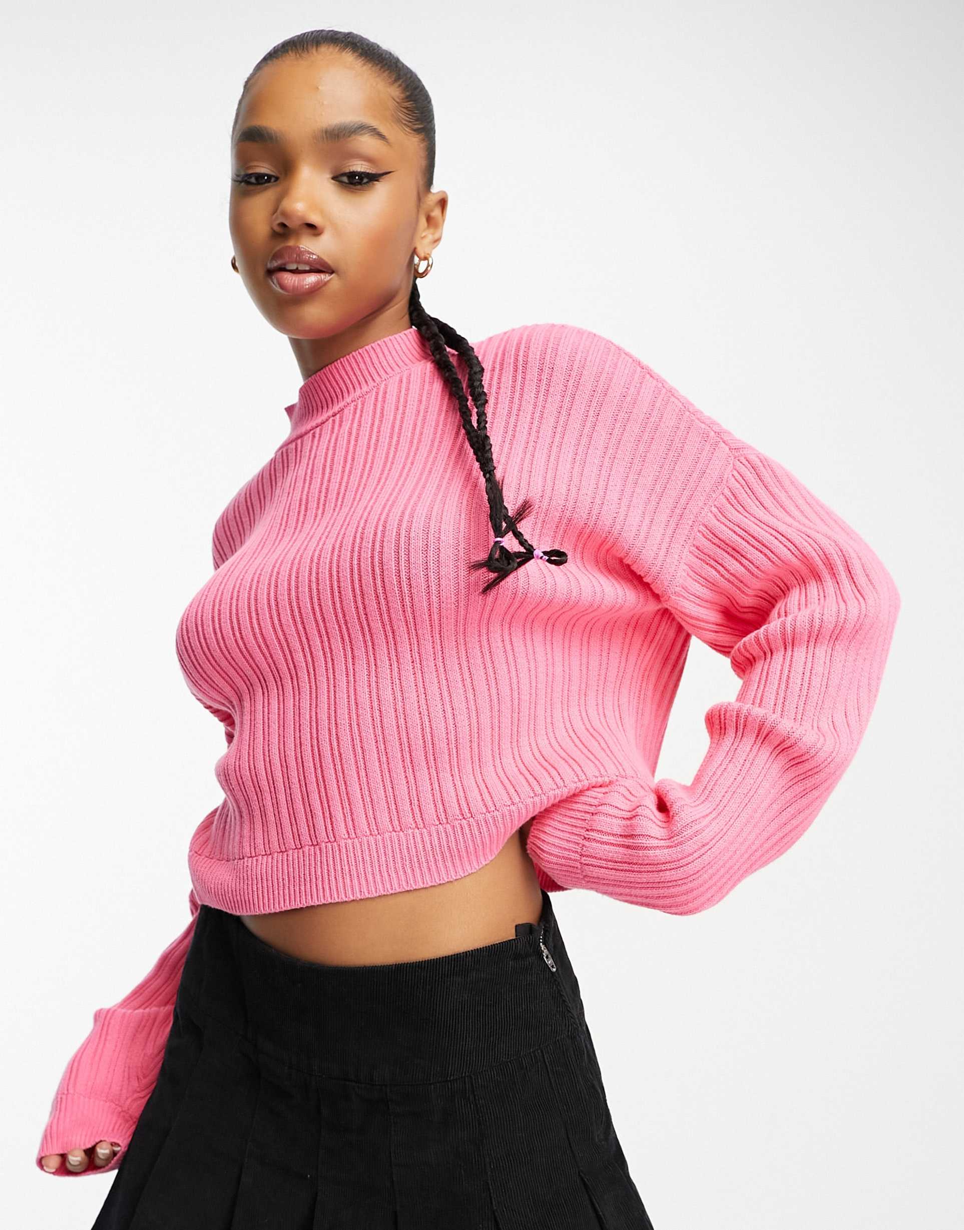 Hollister cropped knit jumper in pink view 2
