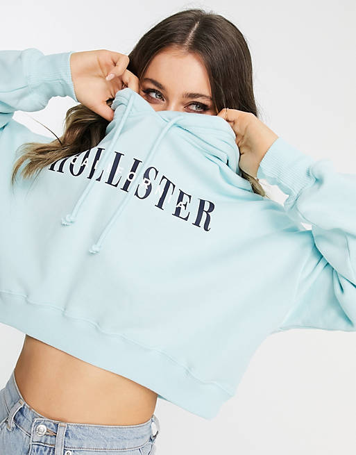 Hollister cropped logo hoodie in blue