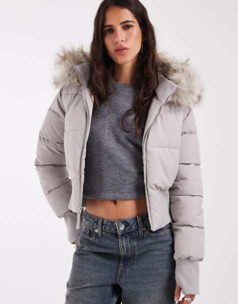 Hollister cropped nylon puffer jacket with faux fur hood in grey - view 1