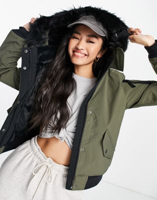 Hollister cropped parka jacket with faux fur hood in khaki