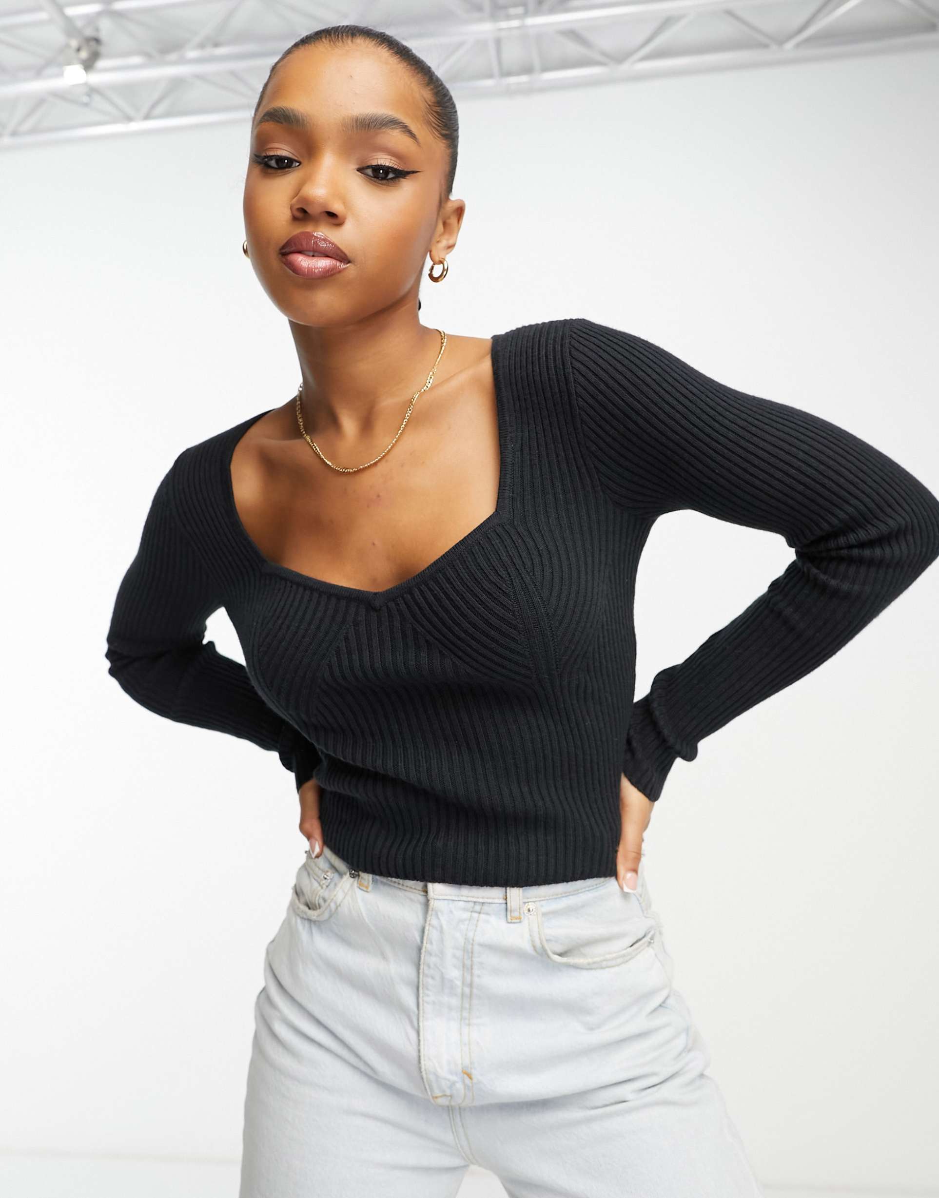 Hollister cropped sweetheart slim knit sweater in black view 2