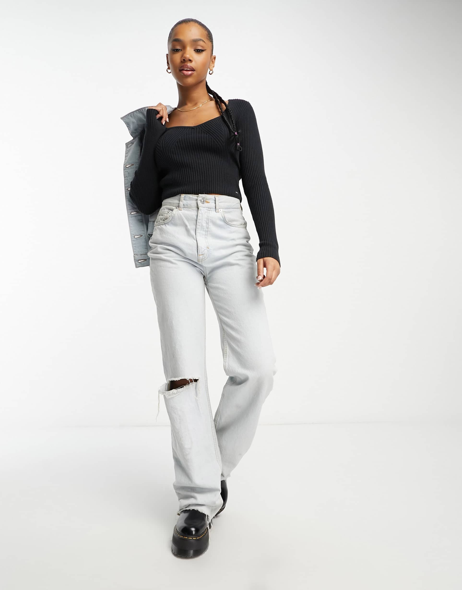 Hollister cropped sweetheart slim knit sweater in black view 3
