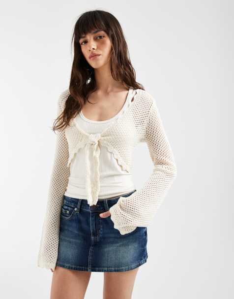 Hollister cropped tie front long sleeve top in cream - view 1