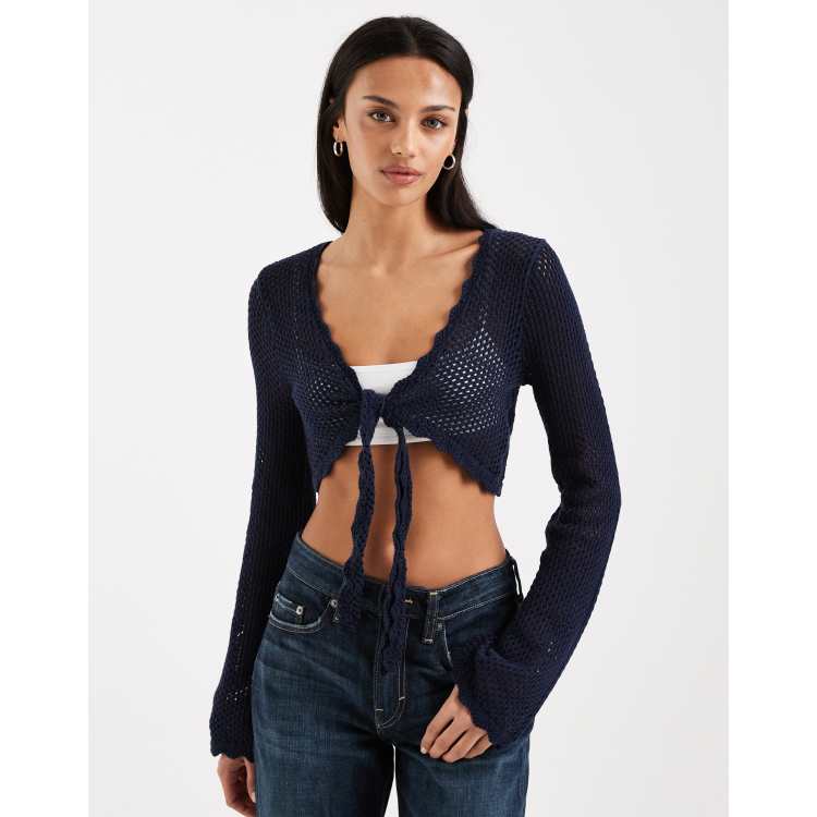 Hollister レディース トップス Hollister cropped tie front long sleeve top in navy | ASOS