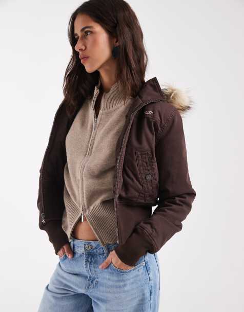 Hollister cropped twill puffer jacket with faux fur hood in brown - view 1