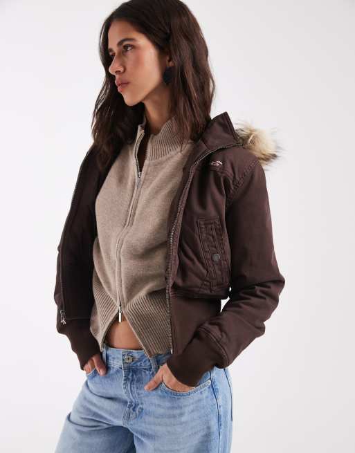 Hollister cropped twill puffer jacket with faux fur hood in brown