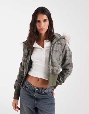 Hollister cropped twill puffer jacket with faux fur hood in khaki camo