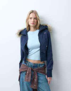 Hollister cropped twill puffer jacket with faux fur hood in navy