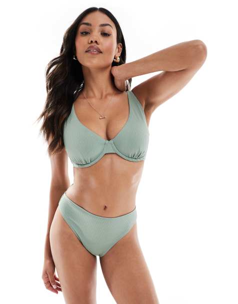 Hollister - Curvy - Aangerimpeld beugel-bikinitopje in groen, deel van co-ord set - view 1