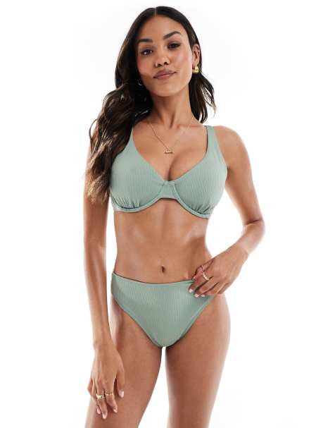 Hollister - Curvy - Bas de bikini échancré d'ensemble à taille haute - Vert - view 1