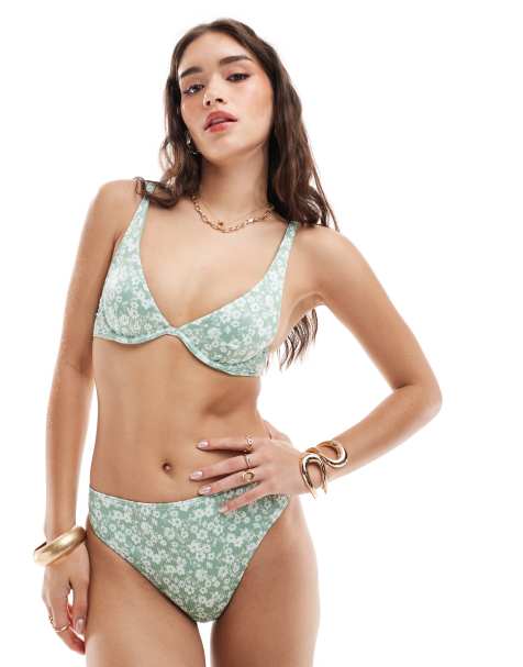 Hollister - Curvy bikinibroekje met hoge taille en bloemenprint in groen, deel van co-ord set - view 1