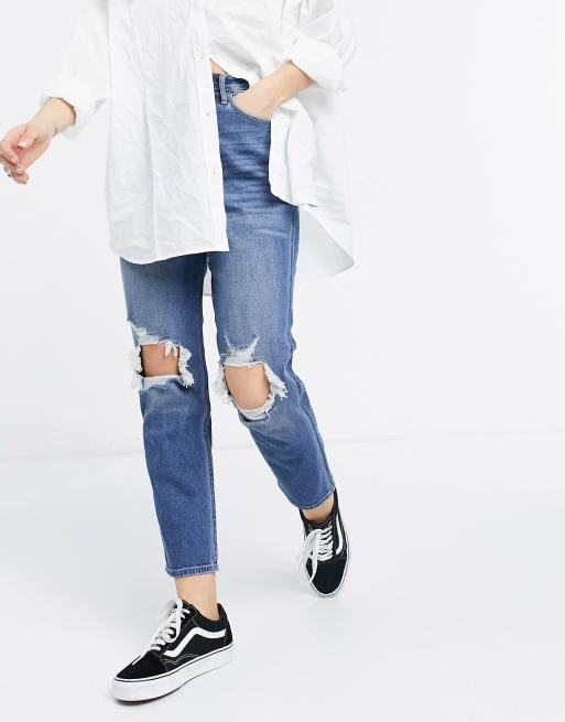 Hollister - Curvy fit - Jeans met hoge taille in midwash blauw