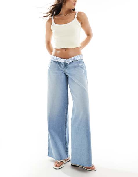 Hollister – Curvy – Ljusblå, superbaggy jeans med låg midja och råskurna fållar - view 1