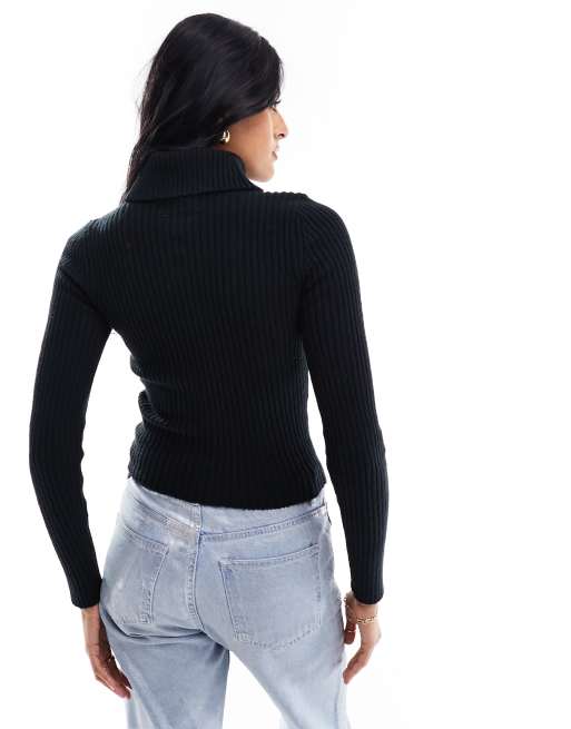 Hollister – Czarny dopasowany sweter z odwijanym golfem, 4 z 4