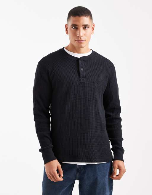 Hollister – Czarny termiczny top typu henley z długim rękawem
