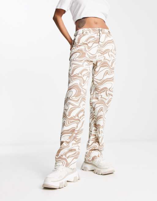 Hollister - Dad broek met hoge taille en marmerprint in crème