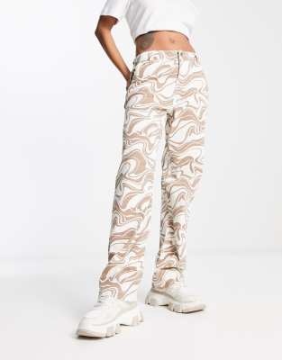 Hollister - Dad-Hose in Creme mit marmoriertem Print und hohem Bund-Neutral