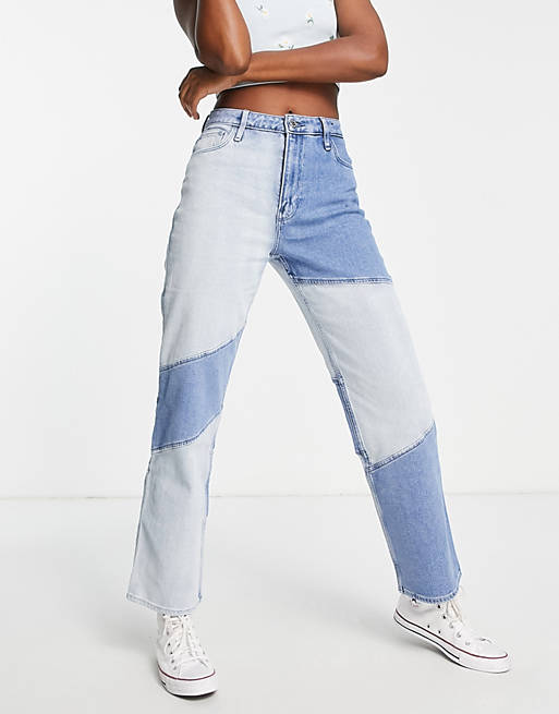 Hollister - Dad jeans met hoge taille en denim patchwork