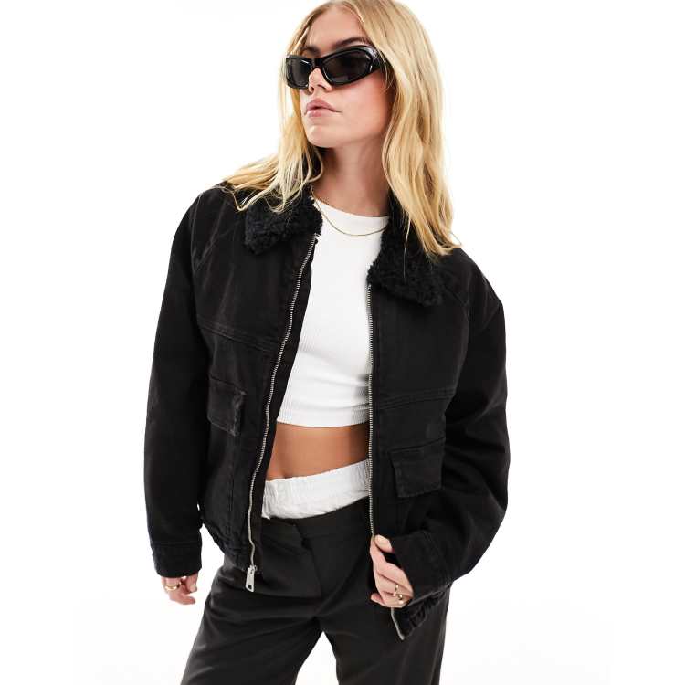 Hollister Faux Fur-Lined Suede Crop Bomber Jacket